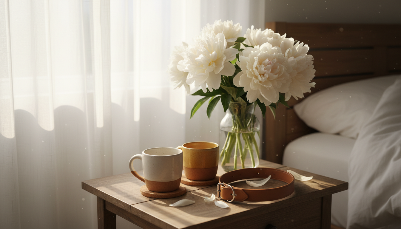 Morning scene with coffee cups and a leather collar beside flowers in warm light