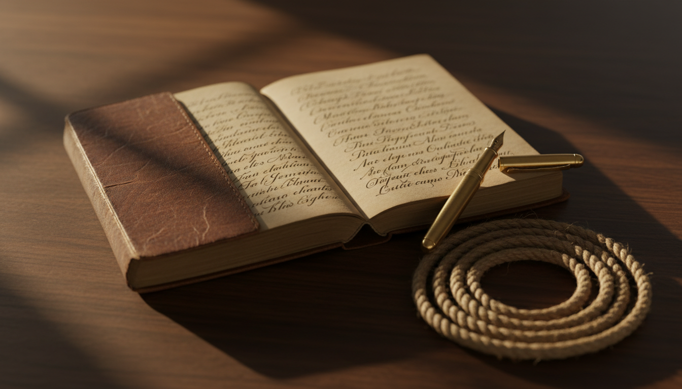 An open leather journal with a fountain pen and coiled rope on a wooden desk