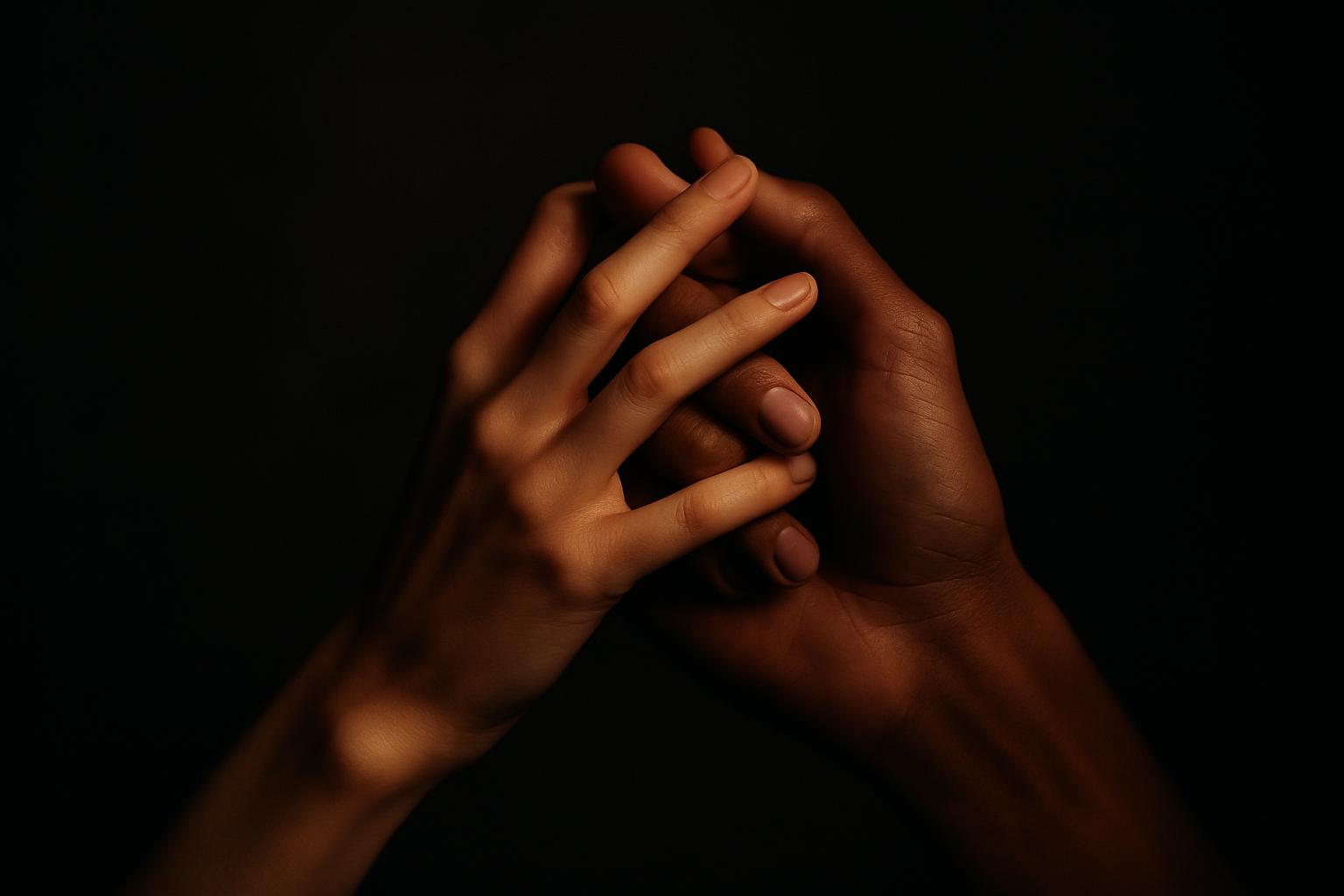 Two hands gently intertwined in warm light against darkness