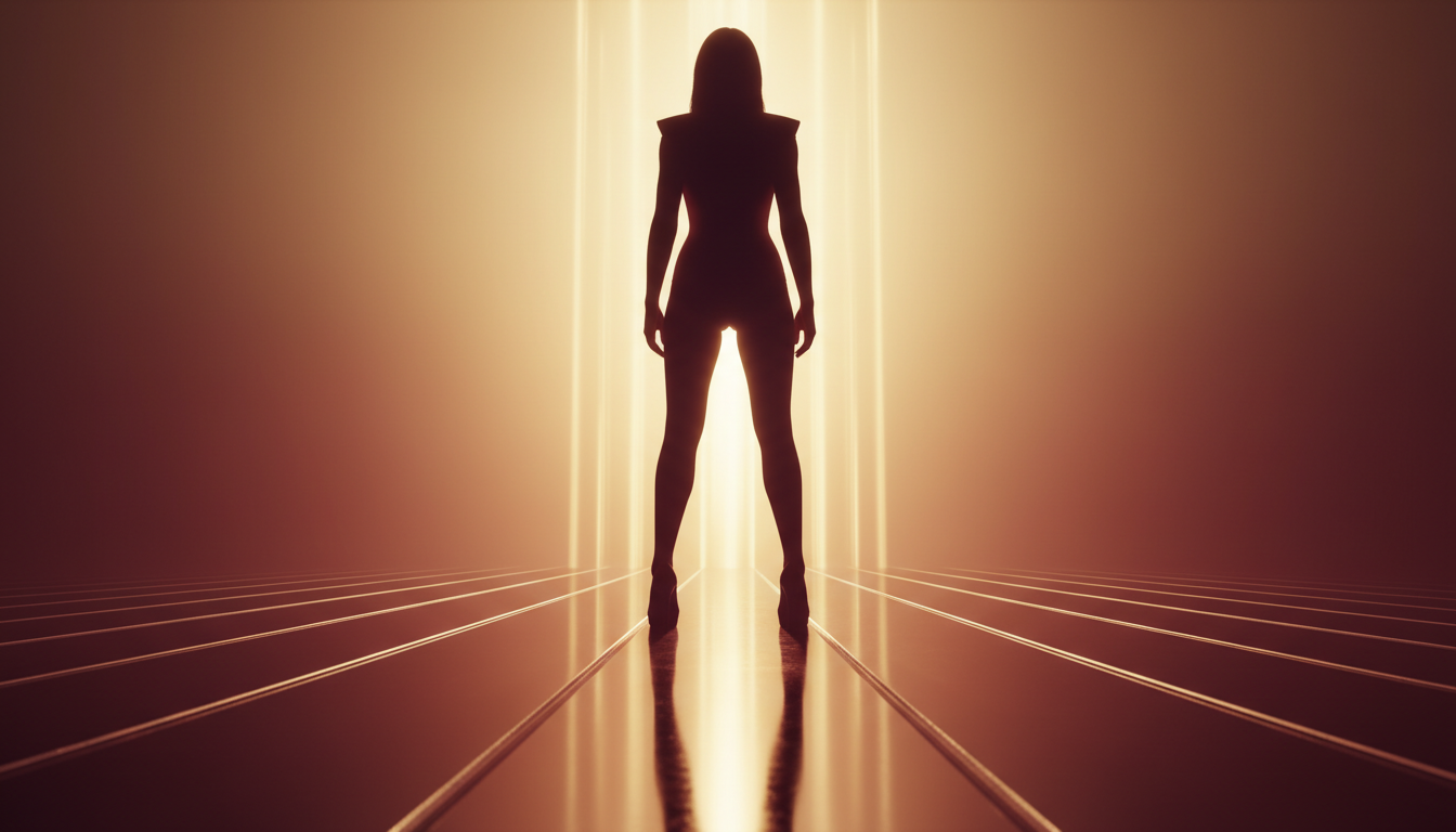 A confident feminine silhouette standing in stiletto heels from a low angle