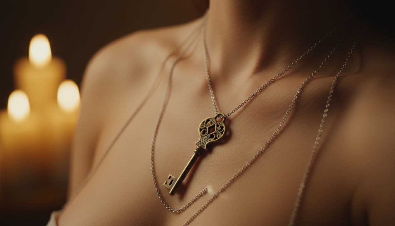 Ornate key on a chain representing FLR chastity and keyholding