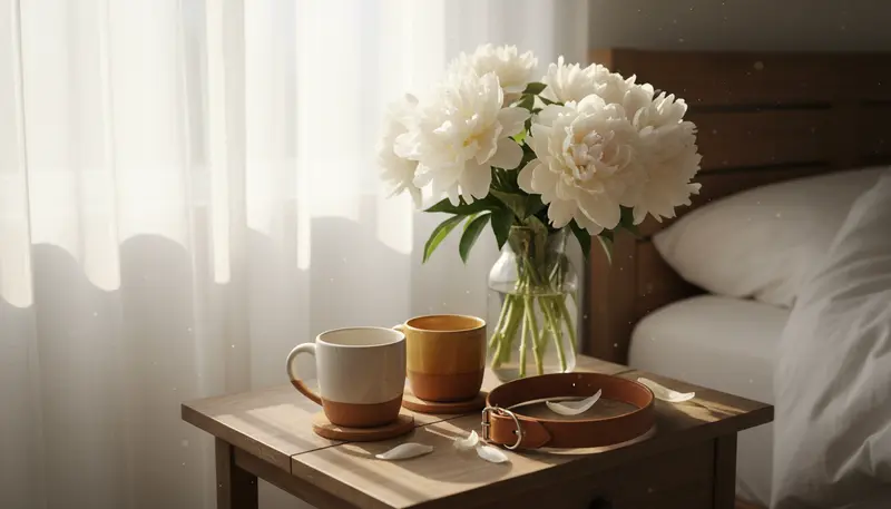 Morning scene with coffee cups and a leather collar beside flowers in warm light