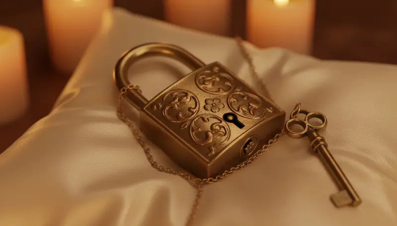 An ornate lock and key resting on a satin pillow in candlelight