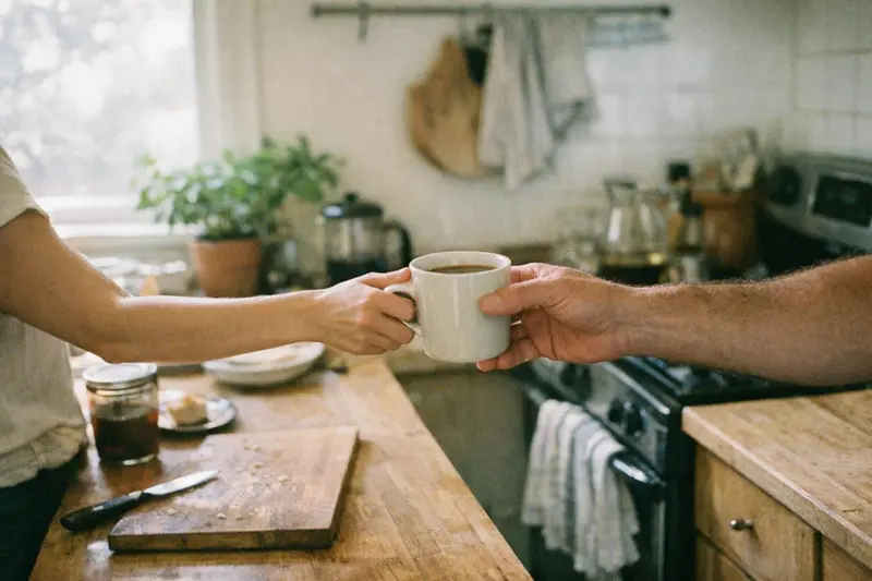 Two coffee cups in warm morning light