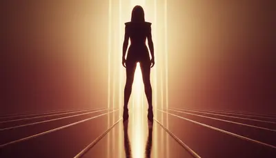 A confident feminine silhouette standing in stiletto heels from a low angle