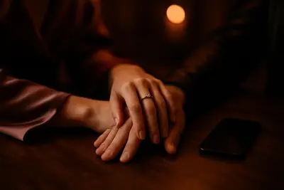 Woman confidently holding a phone with warm ambient lighting