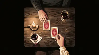 Illustration of two hands laying matching rose playing cards side by side on a candlelit table