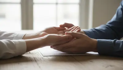 Two pairs of hands held across a table in natural light