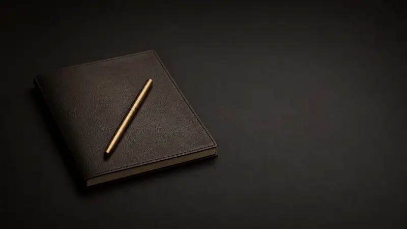 A closed leather notebook with a brass pen resting on it, on a dark matte surface