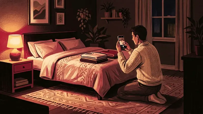 Illustration of a man kneeling beside a neatly made bed at night, photographing the finished task with a phone