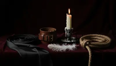 An arrangement of sensual objects including a blindfold, cuff, candle, feather, and rope
