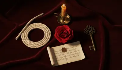 Symbolic objects on velvet -- a rose, rope, letter, candle, and key