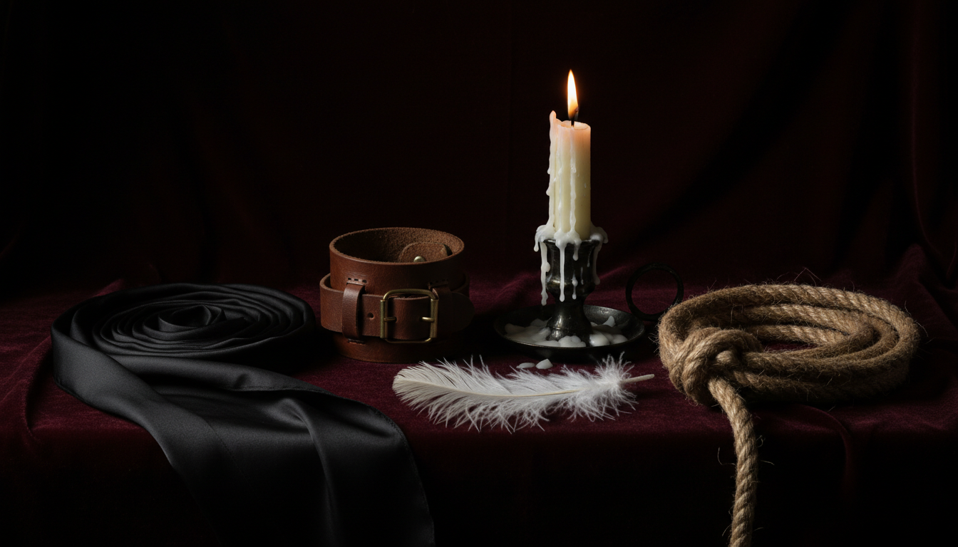 An arrangement of sensual objects including a blindfold, cuff, candle, feather, and rope