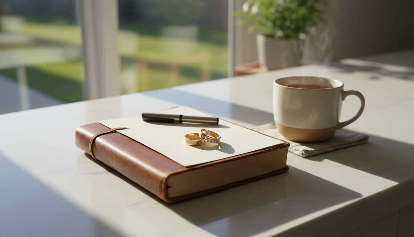 Wedding rings and journal representing a wife led marriage