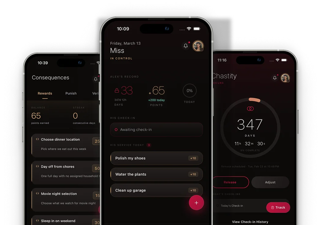 Kneel app screens showing a dominant's task dashboard, a submissive's daily rituals, and chastity tracking side by side