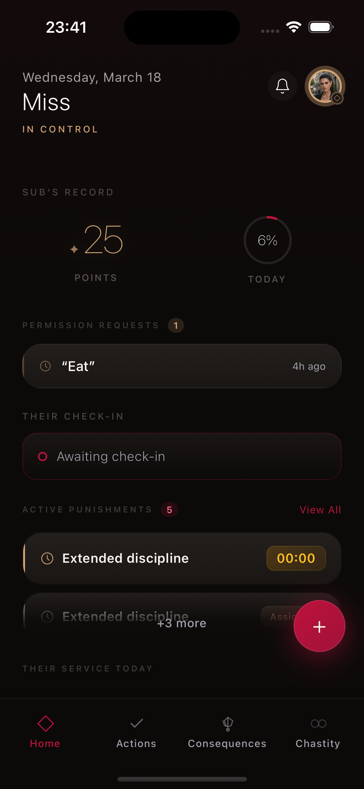 Kneel dominant dashboard showing points, a permission request, a check-in, and an active consequence