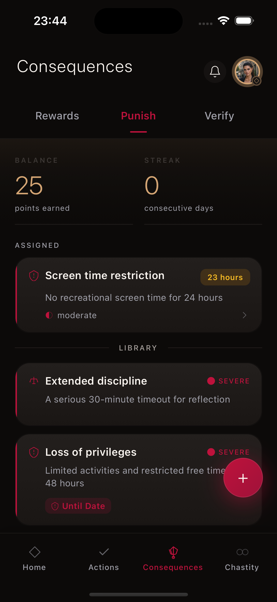 Kneel consequences screen showing an active restriction and a consequence library