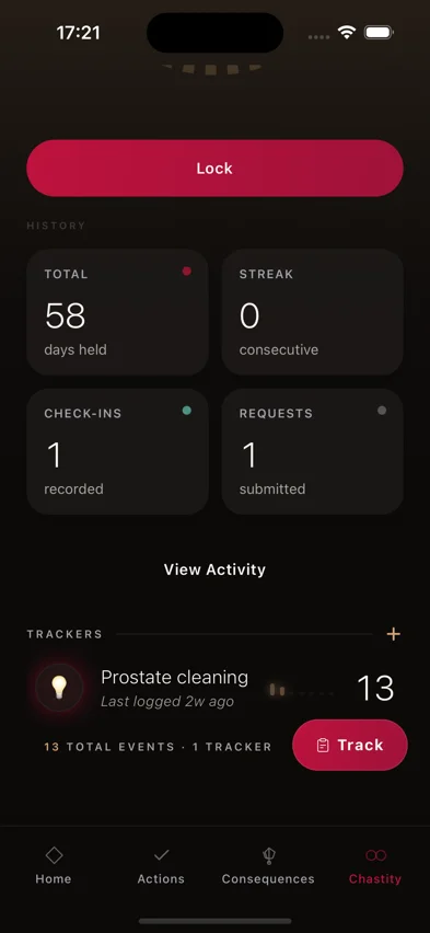 Kneel chastity screen showing session totals, days held, and a custom tracker with its running event count