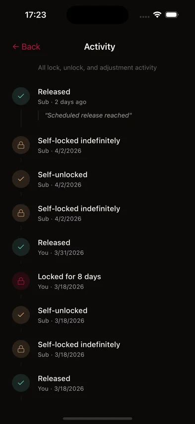 Kneel chastity activity screen showing lock, unlock, release, and adjustment history
