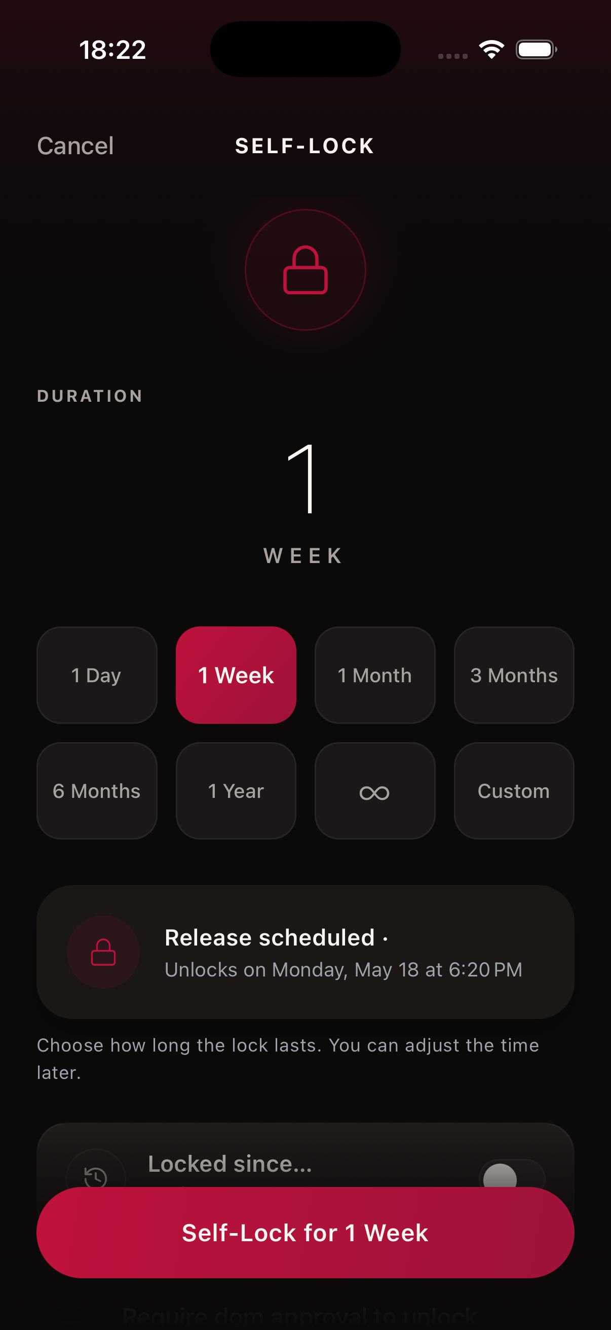 Kneel self-lock screen with duration presets from one day to one year and a scheduled release date