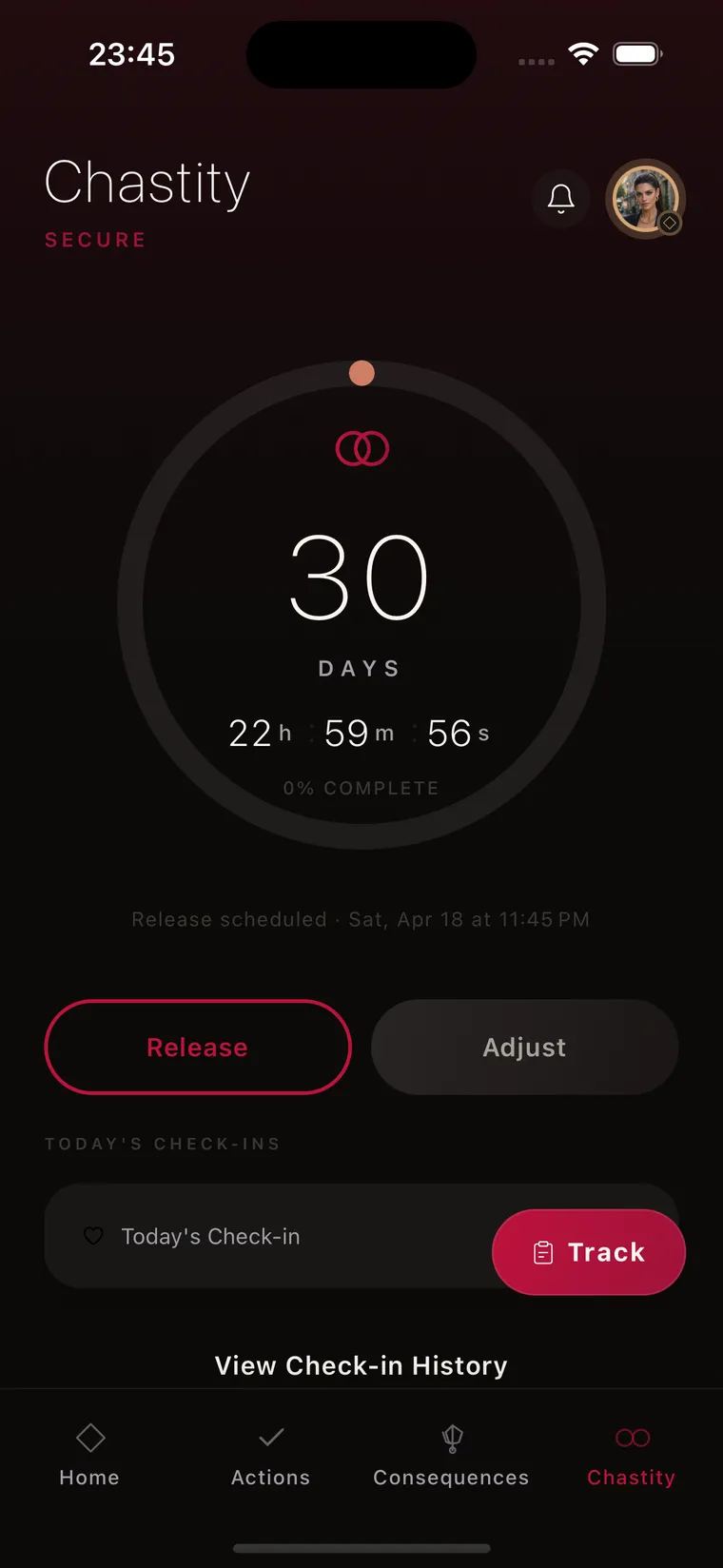 Kneel Chastity Management screen — Lock Days, Transparently Tracked