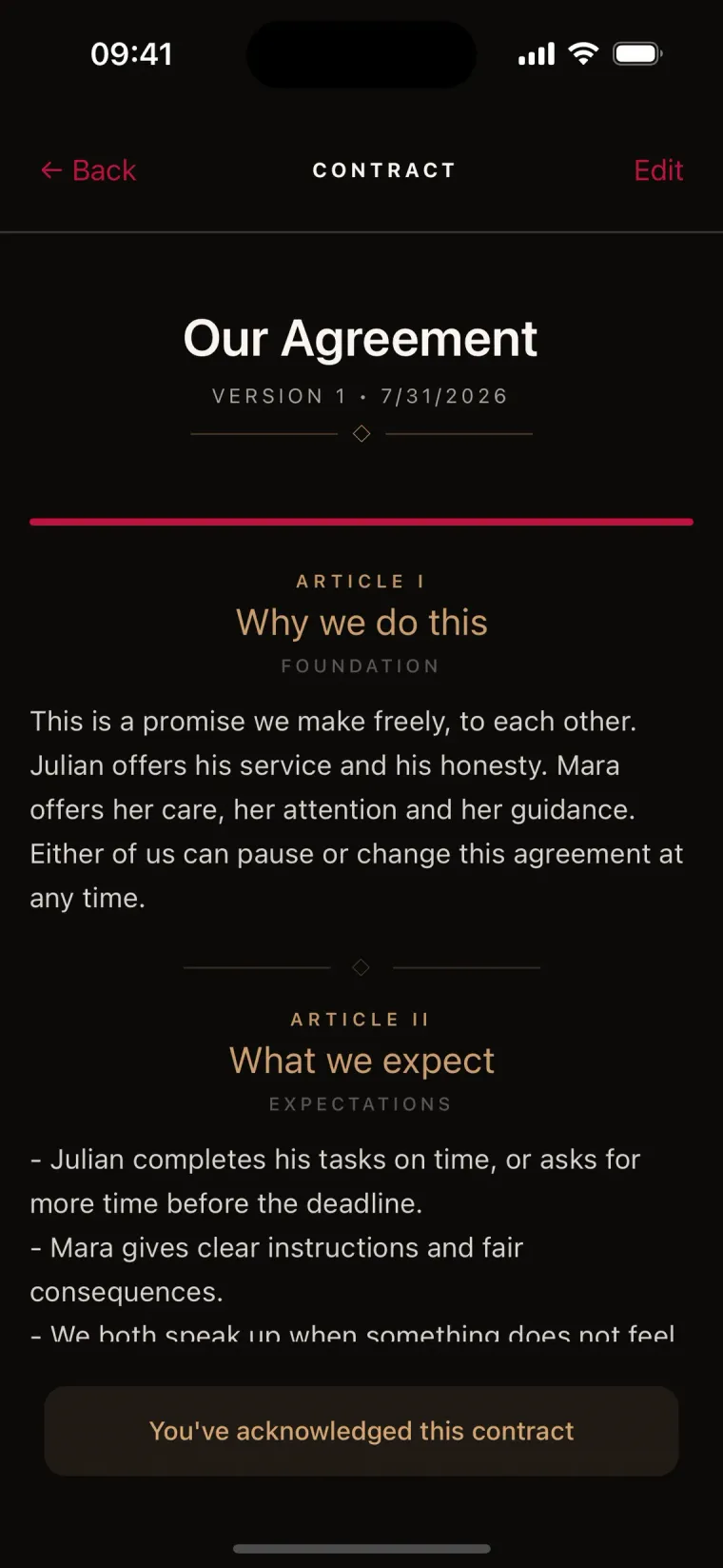 Kneel contract: Our Agreement, version 1, with articles