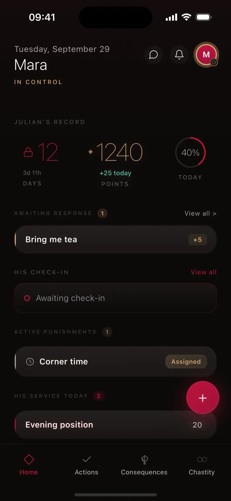 Kneel home screen for the Dominant: points, awaiting requests, and today's check-in