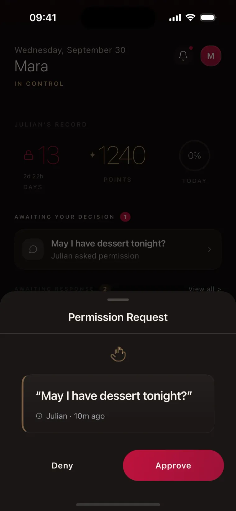 Kneel permission request sheet with Approve and Deny buttons