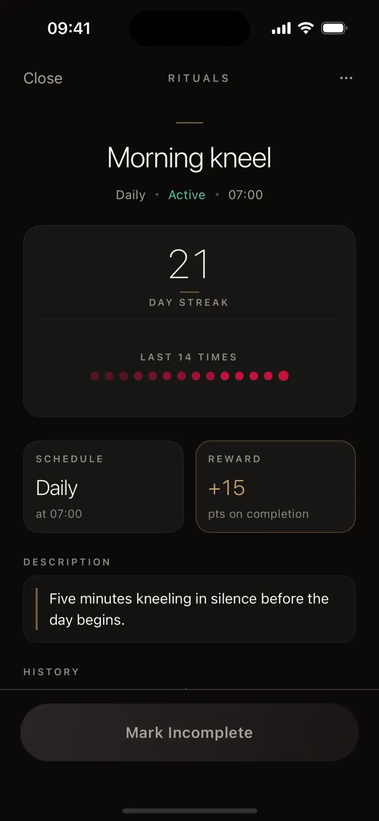 Kneel ritual detail: Morning kneel, daily at 07:00, 21-day streak