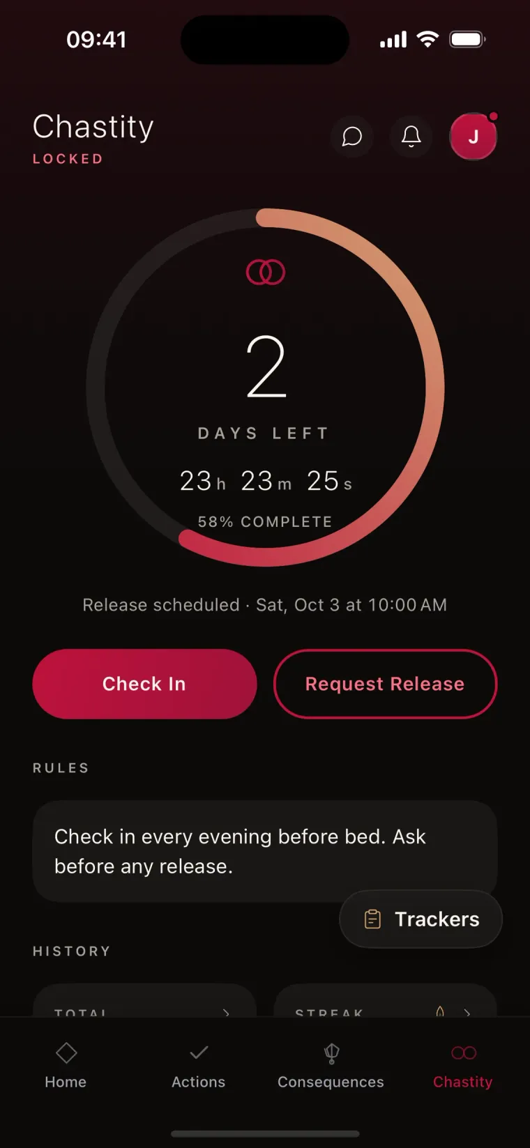 Kneel chastity screen for the wearer: Check In and Request Release