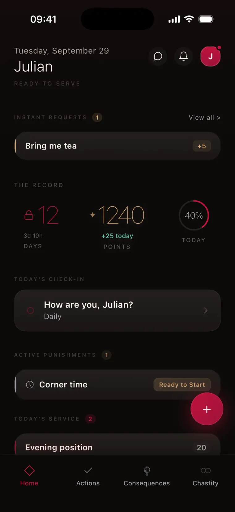 Kneel home screen for the submissive: instant request, record, and daily check-in