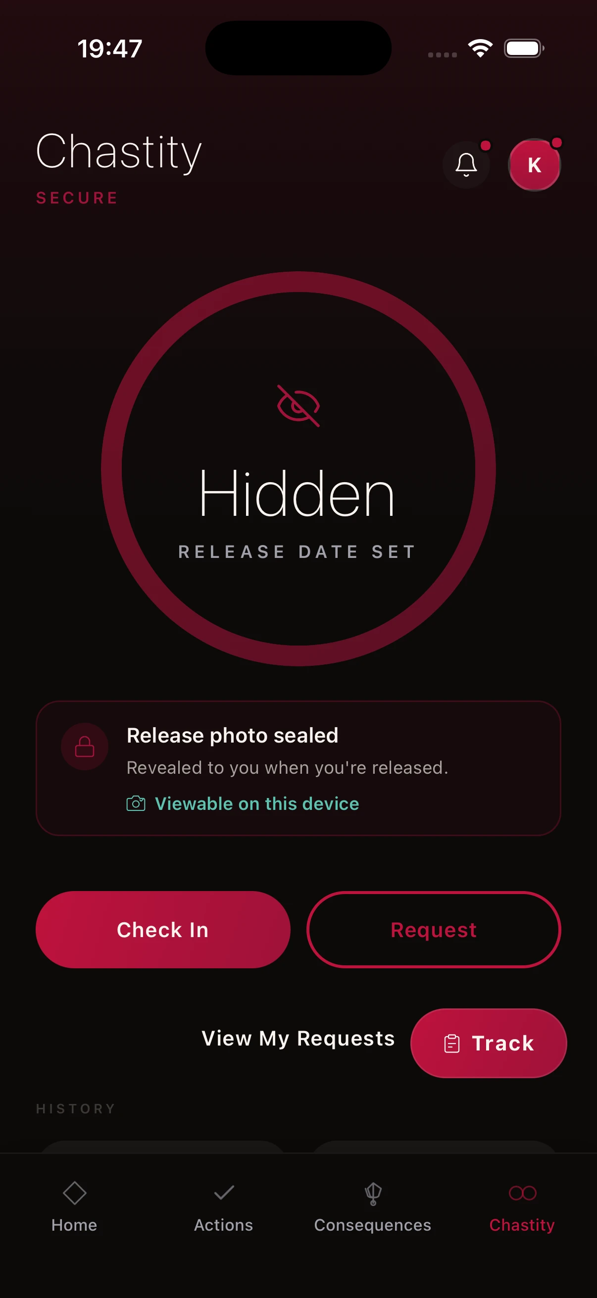 Kneel chastity screen showing an active session with the release date sealed from the wearer